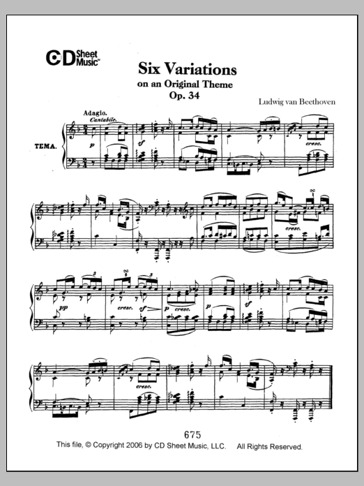 Ludwig van Beethoven Variations (6) On An Original Theme, Op. 34 sheet music notes and chords arranged for Piano Solo