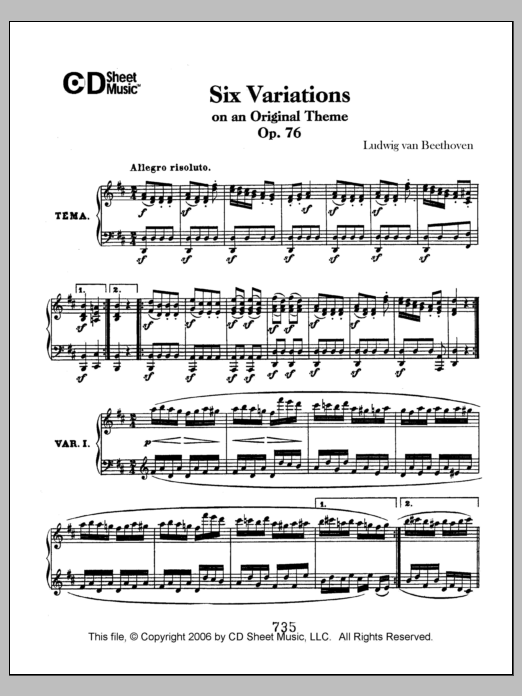 Ludwig van Beethoven Variations (6) On An Original Theme, Op. 76 sheet music notes and chords arranged for Piano Solo