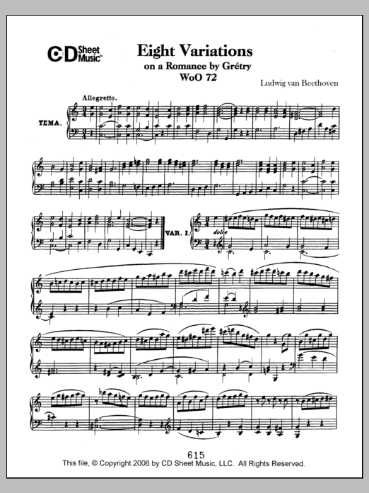 Ludwig van Beethoven Variations (8) On A Romance By Gretry, Woo 72 sheet music notes and chords arranged for Piano Solo