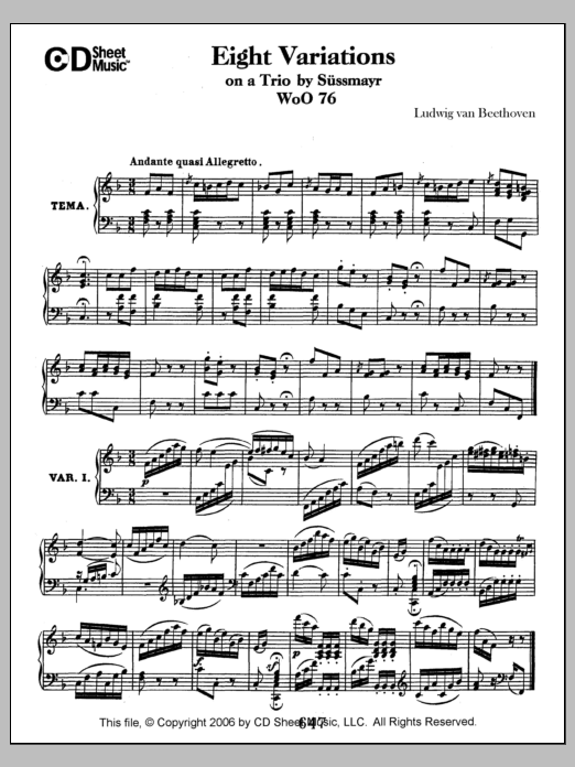Ludwig van Beethoven Variations (8) On A Trio By Sussmayr, Woo 76 sheet music notes and chords arranged for Piano Solo