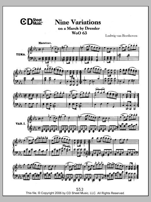 Ludwig van Beethoven Variations (9) On A March By Dressler, Woo 63 sheet music notes and chords arranged for Piano Solo