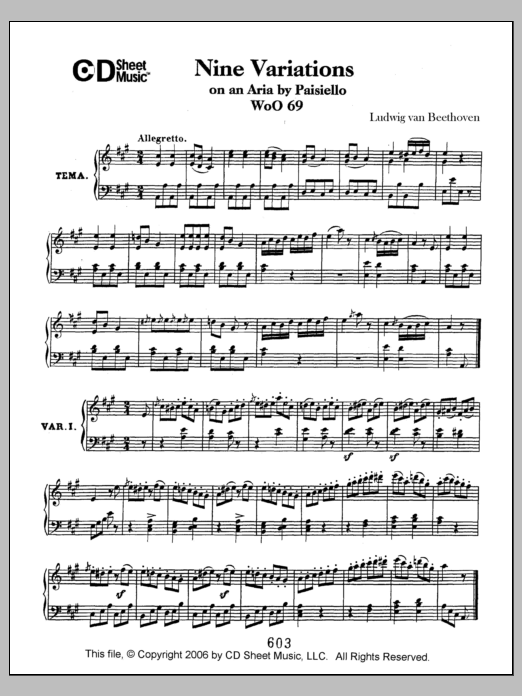 Ludwig van Beethoven Variations (9) On An Aria By Paisiello, Woo 69 sheet music notes and chords arranged for Piano Solo