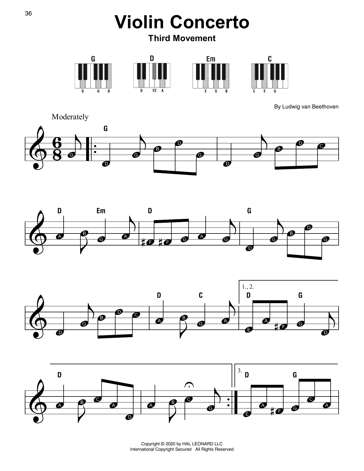 Ludwig van Beethoven Violin Concerto In D Major, Op. 61 sheet music notes and chords arranged for Super Easy Piano