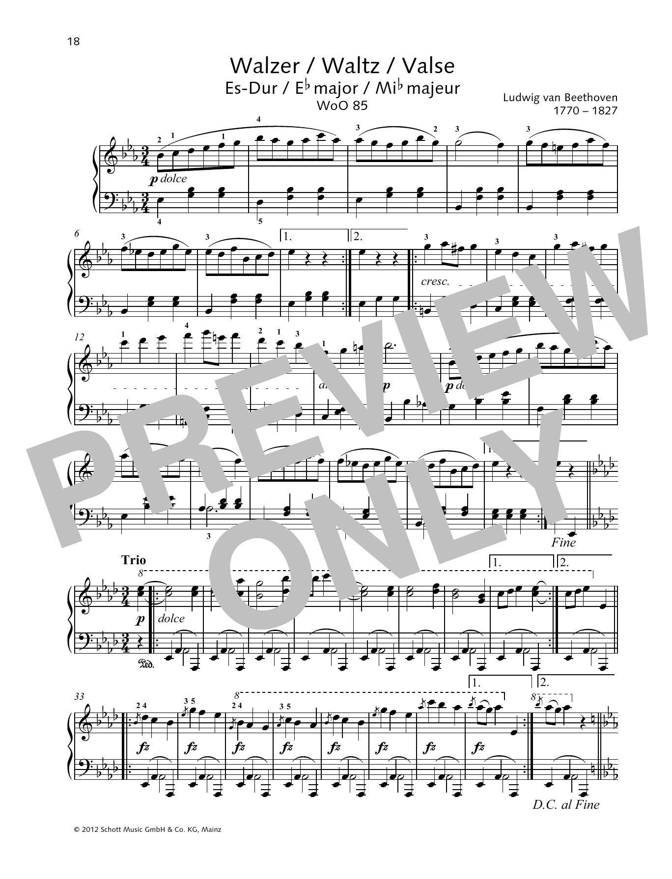 Ludwig van Beethoven Waltz E-flat major sheet music notes and chords arranged for Piano Solo