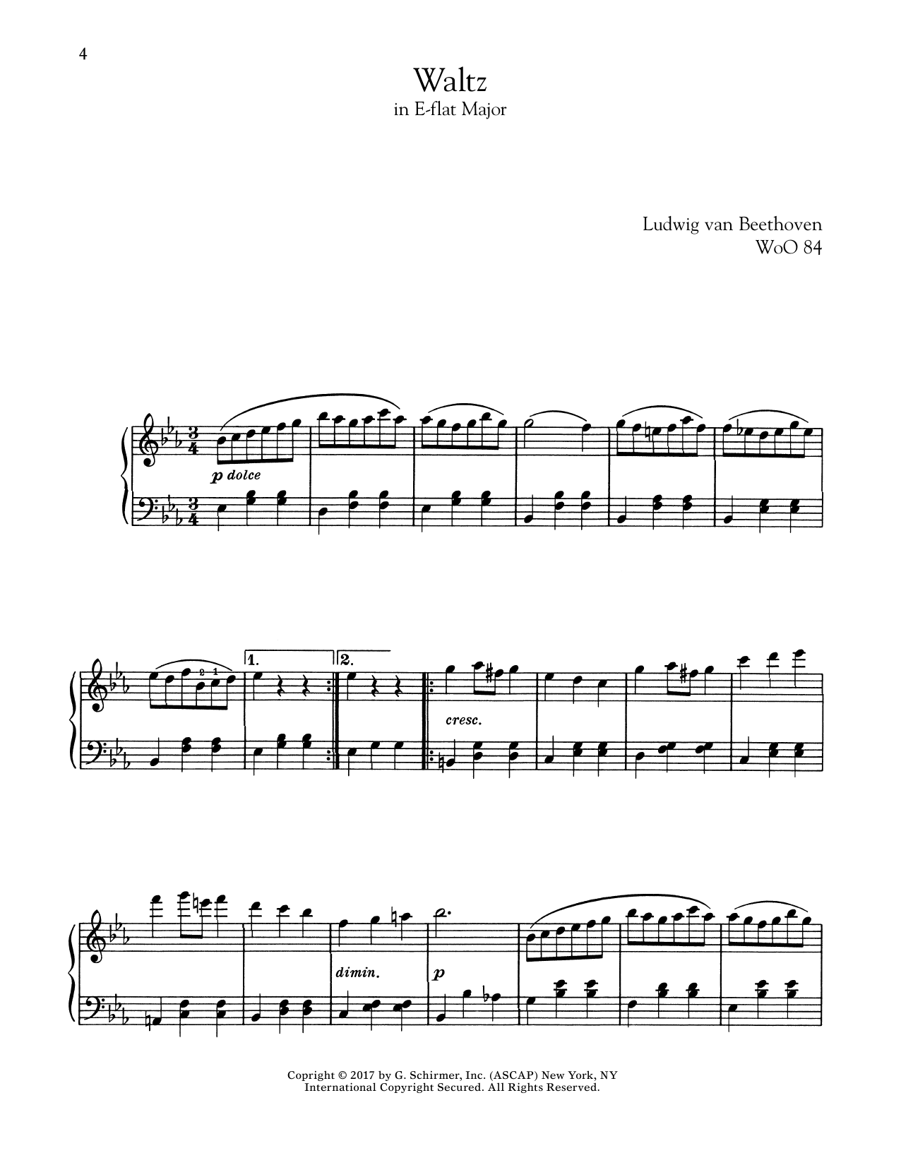 Ludwig van Beethoven Waltz In E-Flat Major, WoO 84 sheet music notes and chords arranged for Piano Solo