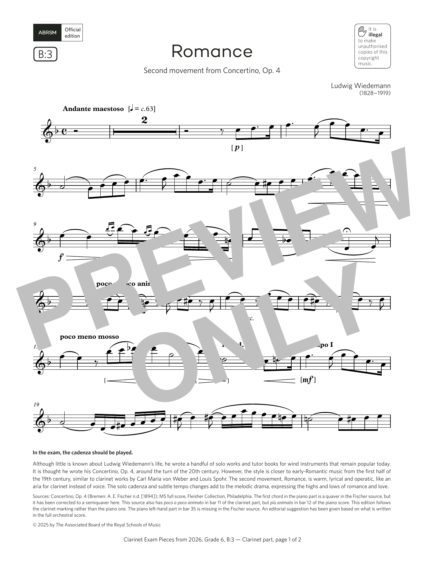 Ludwig Wiedemann Romance (Grade 6, list B3, from the ABRSM Clarinet Syllabus from 2026) sheet music notes and chords arranged for Clarinet Solo