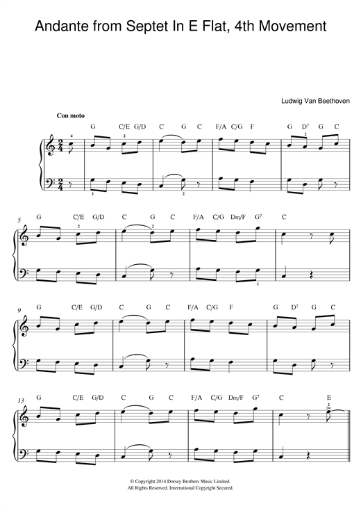 Ludwig van Beethoven Andante from Septet In E Flat, 4th Movement sheet music notes and chords arranged for Beginner Piano