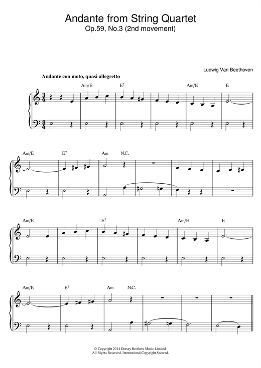 Ludwig van Beethoven Andante from String Quartet Op.59, No.3 sheet music notes and chords arranged for Beginner Piano