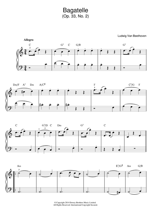 Ludwig van Beethoven Bagatelle In C Major, Op.33, No.2 sheet music notes and chords arranged for Beginner Piano