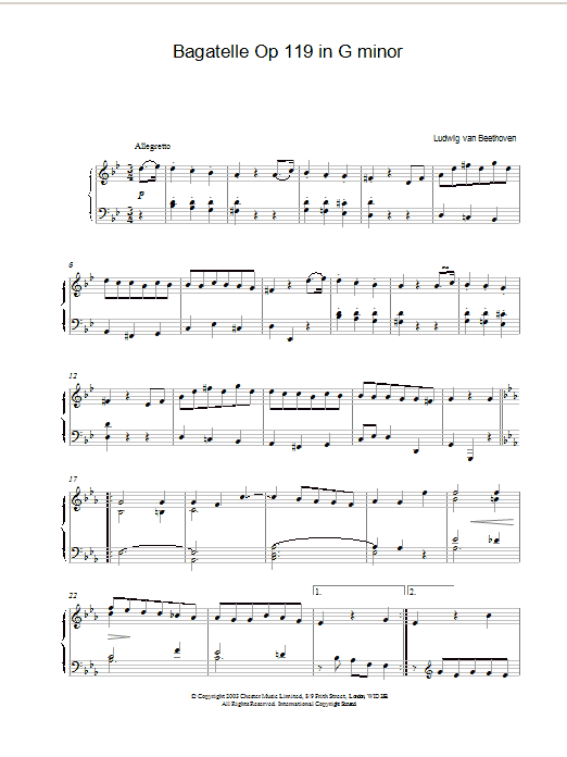 Ludwig van Beethoven Bagatelle Op 119 in G minor sheet music notes and chords. Download Printable PDF.