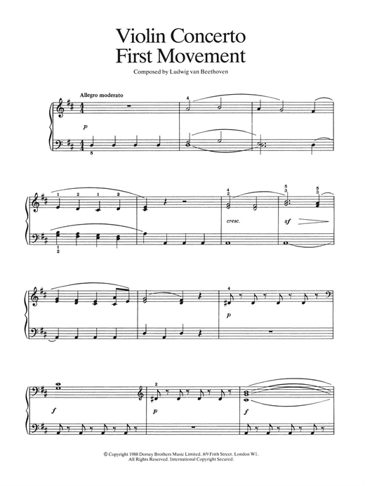 Ludwig van Beethoven First Movement (from Violin Concerto In D Major, Op. 61) sheet music notes and chords arranged for Easy Piano