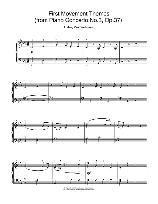 Ludwig van Beethoven First Movement Themes (from Piano Concerto No.3, Op.37) sheet music notes and chords arranged for Beginner Piano