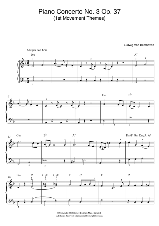Ludwig van Beethoven First Movement Themes (from Piano Concerto No.3, Op.37) sheet music notes and chords arranged for Beginner Piano