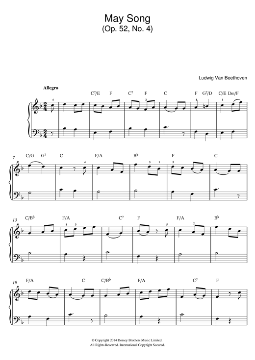 Ludwig van Beethoven May Song Op.52, No.4 sheet music notes and chords arranged for Beginner Piano