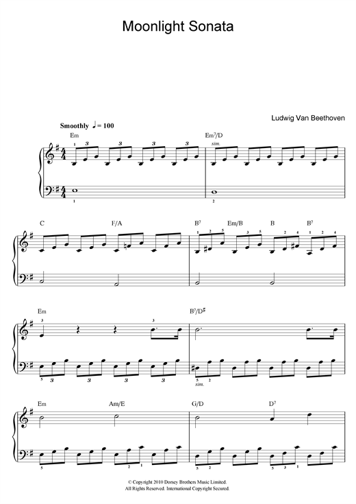 Ludwig van Beethoven Moonlight Sonata (Mondscheinsonate), First Movement, Op.27, No.2 sheet music notes and chords arranged for Beginner Piano