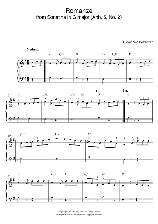 Ludwig van Beethoven Romanze From Sonatina In G Major (Anh. 5, No. 2) sheet music notes and chords arranged for Beginner Piano