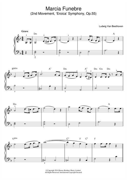 Ludwig van Beethoven Symphony No.3 (Eroica), Theme from 2nd Movement: Marcia Funebre sheet music notes and chords arranged for Beginner Piano