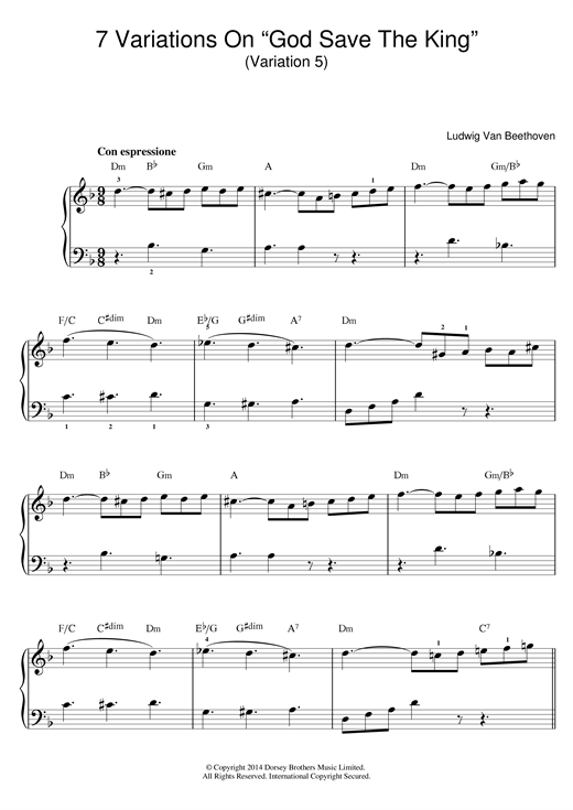 Ludwig van Beethoven Variation No.5 (From '7 Variations On God Save The King' WoO 78) sheet music notes and chords arranged for Beginner Piano