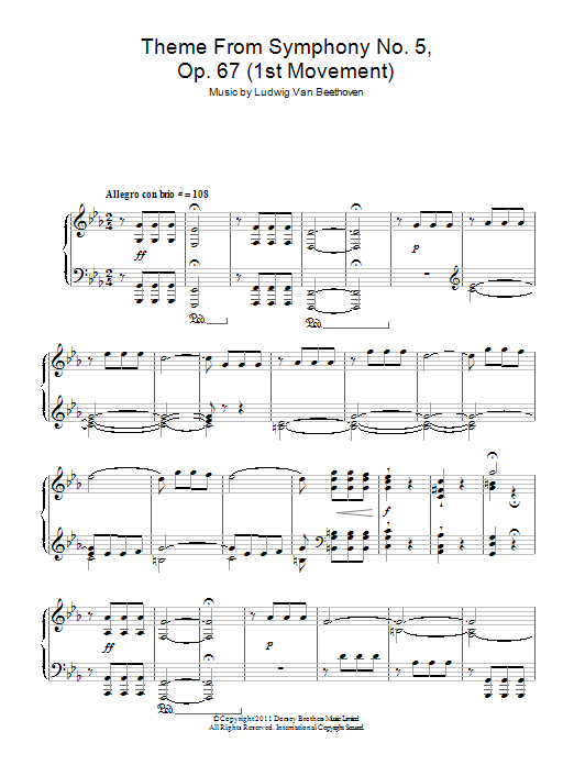 Lugwig Van Beethoven Theme from Symphony No. 5, Op. 67 (1st Movement) sheet music notes and chords arranged for Piano Solo