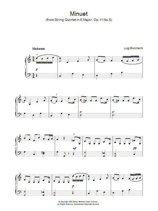 Luigi Boccherini Minuet (from String Quintet in E Major, Op.11 No.5) sheet music notes and chords arranged for Easy Piano