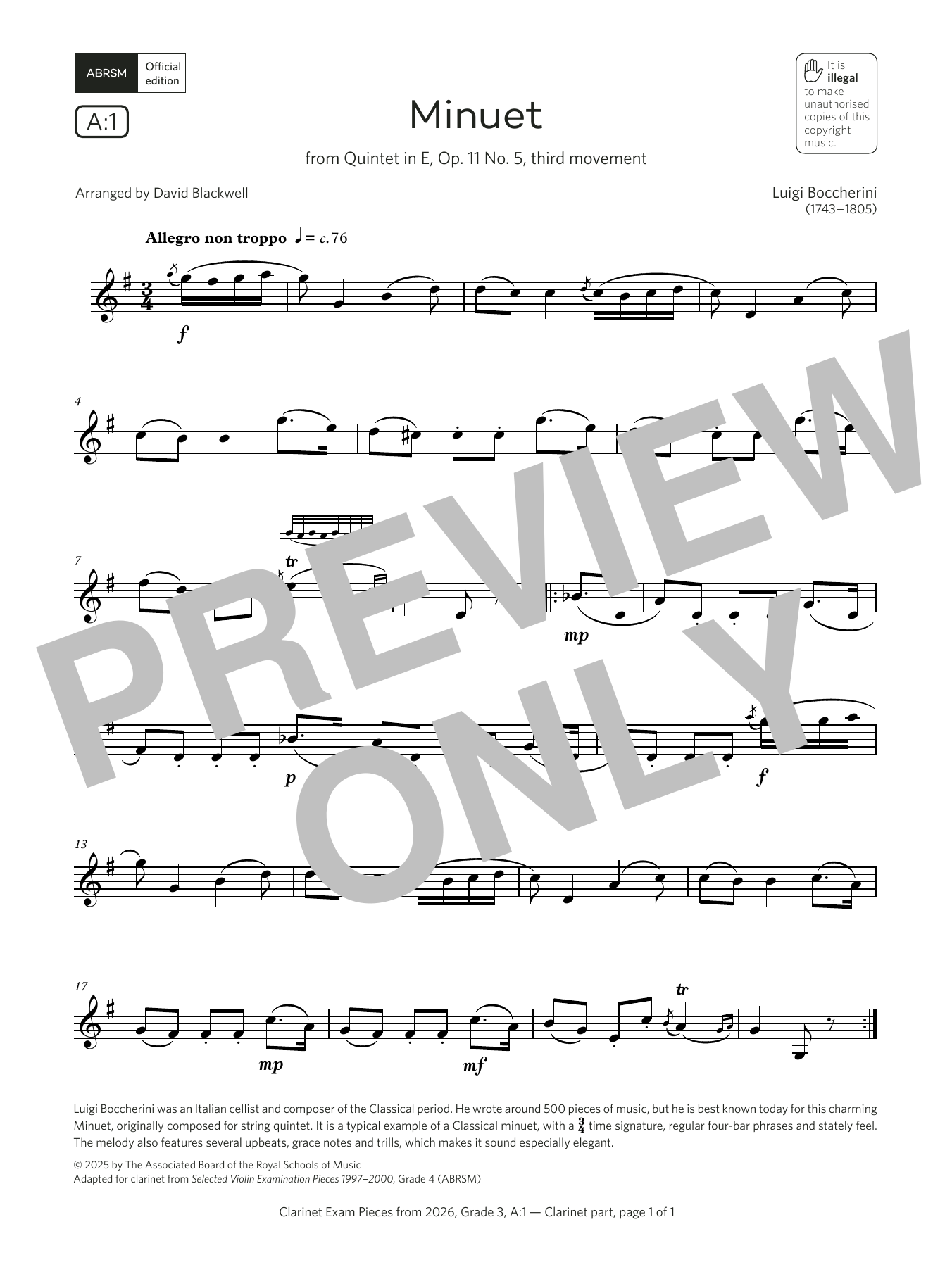 Luigi Boccherini Minuet (Grade 3, list A1, from the ABRSM Clarinet Syllabus from 2026) sheet music notes and chords arranged for Clarinet Solo