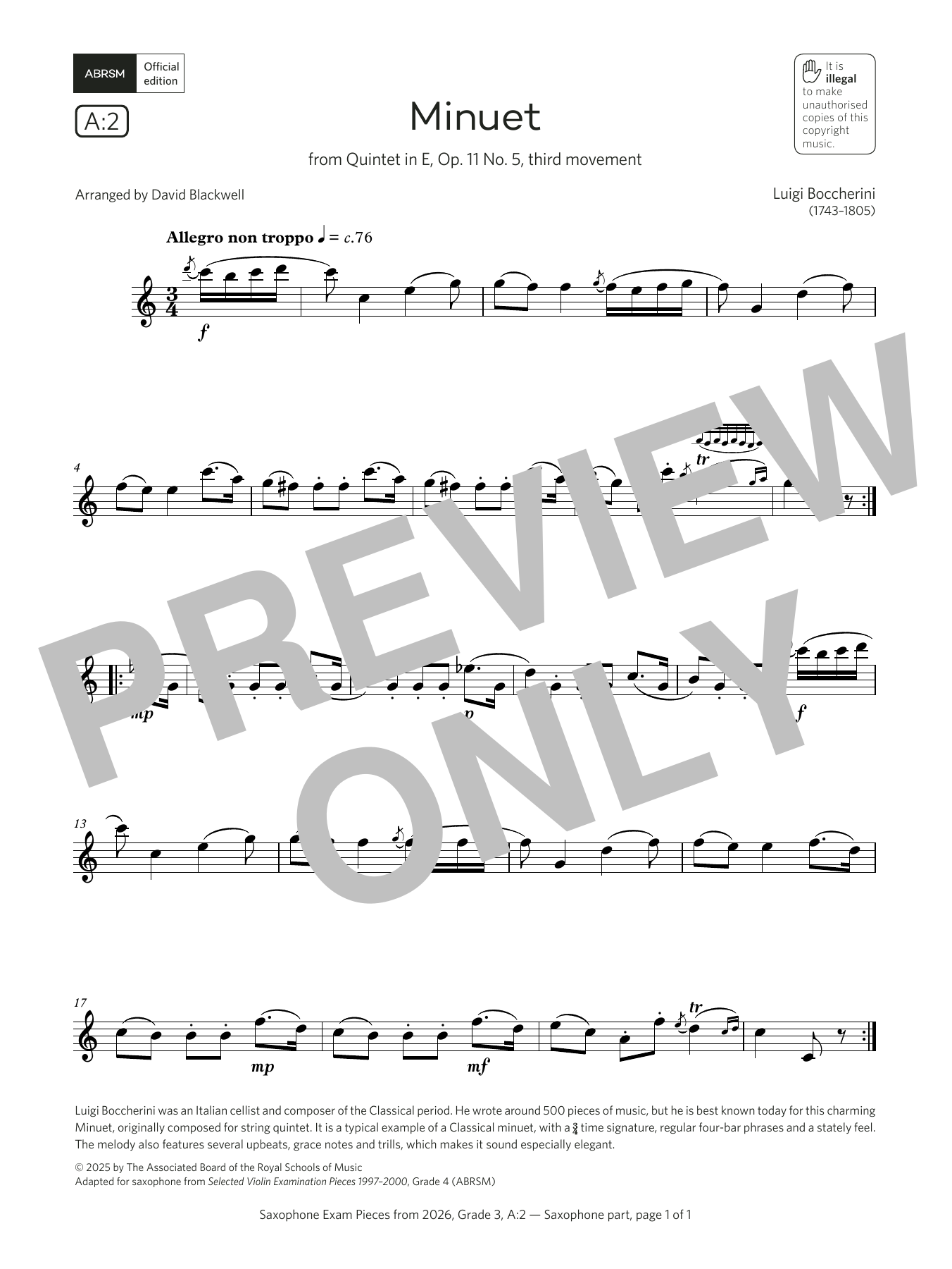 Luigi Boccherini Minuet (Grade 3, list A2, from the ABRSM Saxophone Syllabus from 2026) sheet music notes and chords arranged for Alto Sax Solo