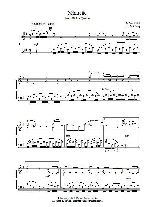 Luigi Boccherini Minuetto from String Quartet sheet music notes and chords arranged for Piano Solo