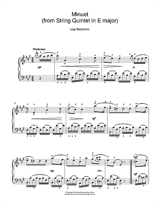 Luigi Boccherini Minuet (from String Quartet in E Major, Op.11 No.5) sheet music notes and chords arranged for Easy Piano