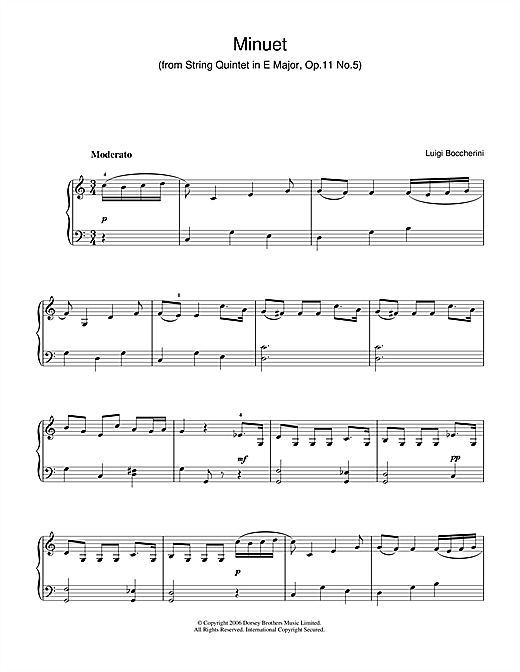 Luigi Boccherini Minuet (from String Quintet in E Major, Op.11 No.5) sheet music notes and chords arranged for Beginner Piano
