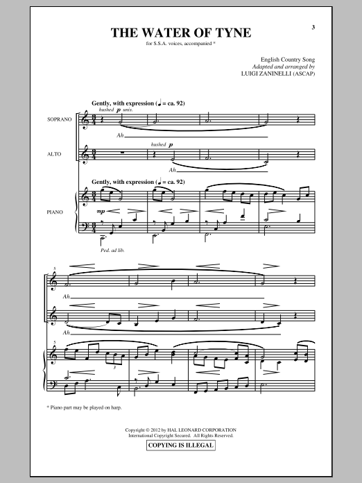 Luigi Zaninelli The Water Of Tyne sheet music notes and chords arranged for SSA Choir