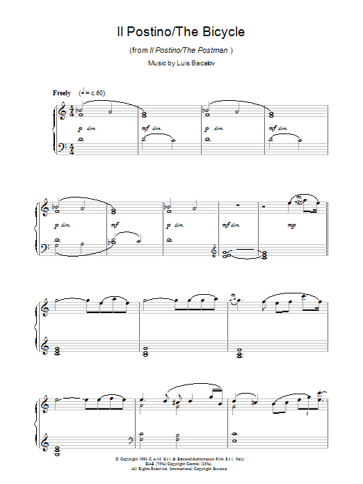 Luis Bacalov Il Postino/The Bicycle (from Il Postino/The Postman) sheet music notes and chords arranged for Piano Solo