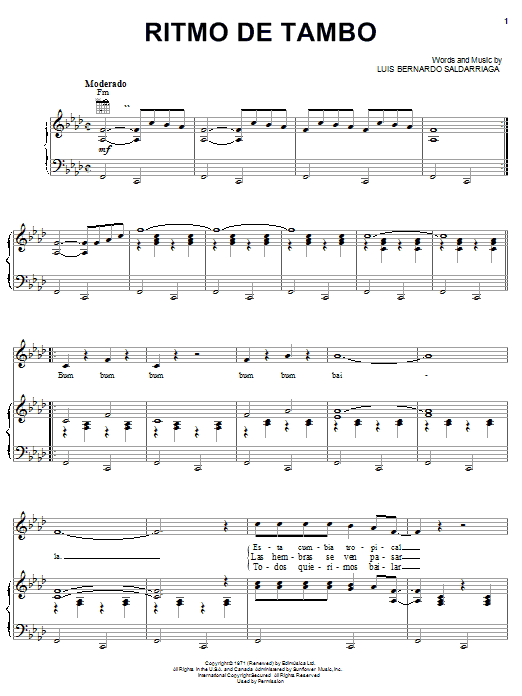 Luis Bernardo Saldarriaga Ritmo De Tambo sheet music notes and chords arranged for Piano, Vocal & Guitar Chords (Right-Hand Melody)