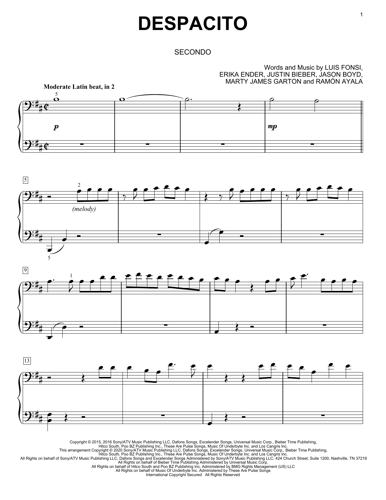 Luis Fonsi & Daddy Yankee feat. Justin Bieber Despacito (arr. David Pearl) sheet music notes and chords arranged for Piano Duet