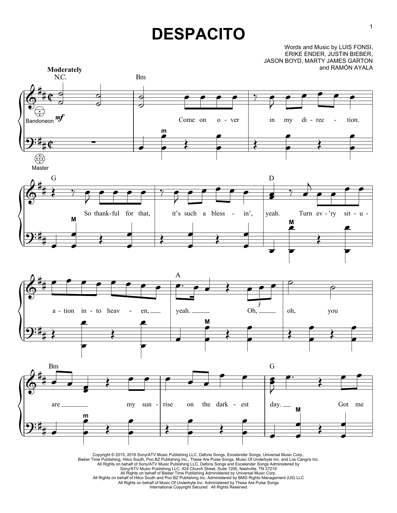 Luis Fonsi & Daddy Yankee feat. Justin Bieber Despacito (arr. Gary Meisner) sheet music notes and chords arranged for Accordion