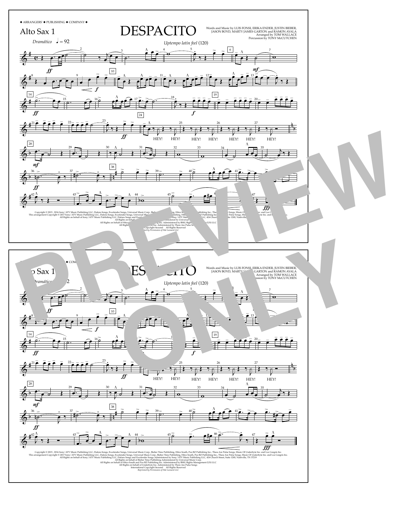 Luis Fonsi & Daddy Yankee feat. Justin Bieber Despacito (arr. Tom Wallace) - Alto Sax 1 sheet music notes and chords arranged for Marching Band