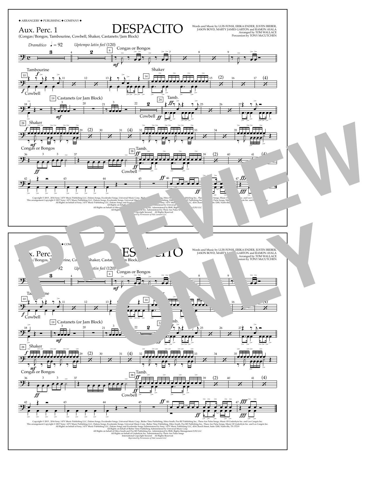 Luis Fonsi & Daddy Yankee feat. Justin Bieber Despacito (arr. Tom Wallace) - Aux. Perc. 1 sheet music notes and chords arranged for Marching Band
