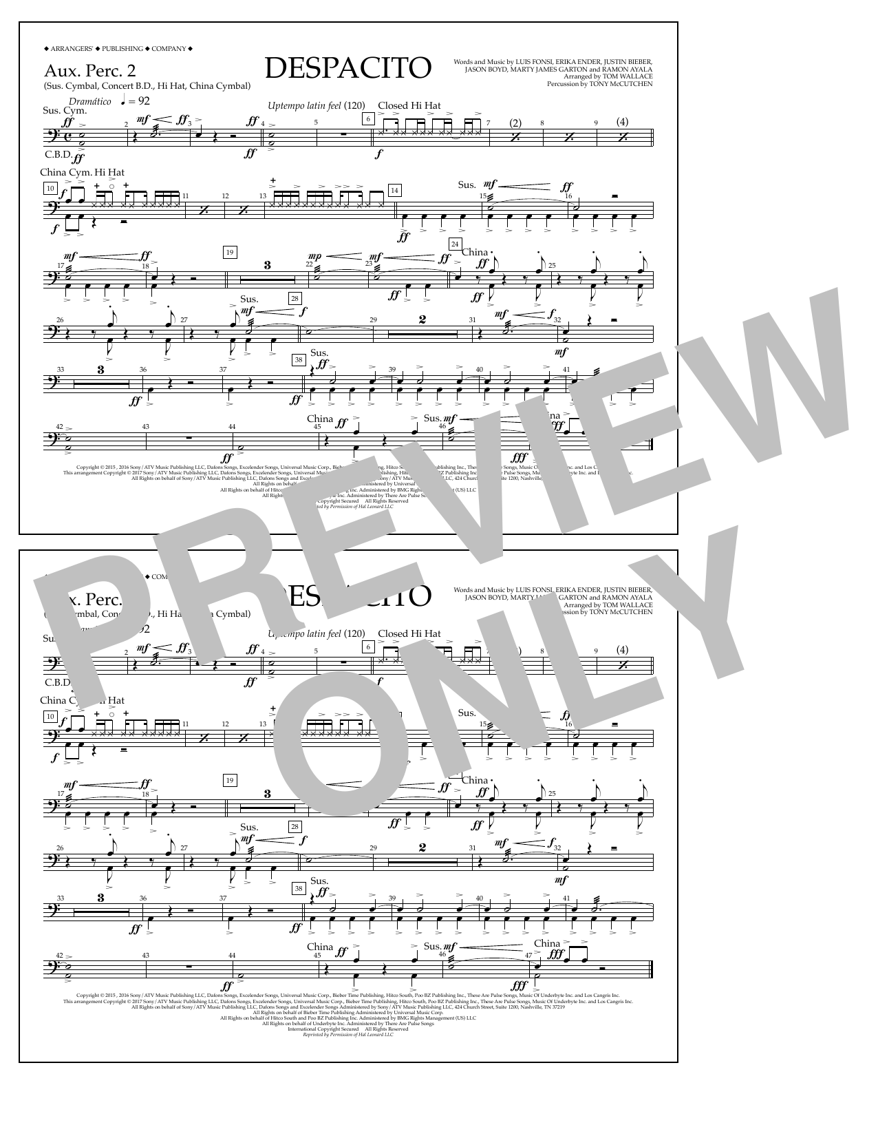 Luis Fonsi & Daddy Yankee feat. Justin Bieber Despacito (arr. Tom Wallace) - Aux. Perc. 2 sheet music notes and chords arranged for Marching Band