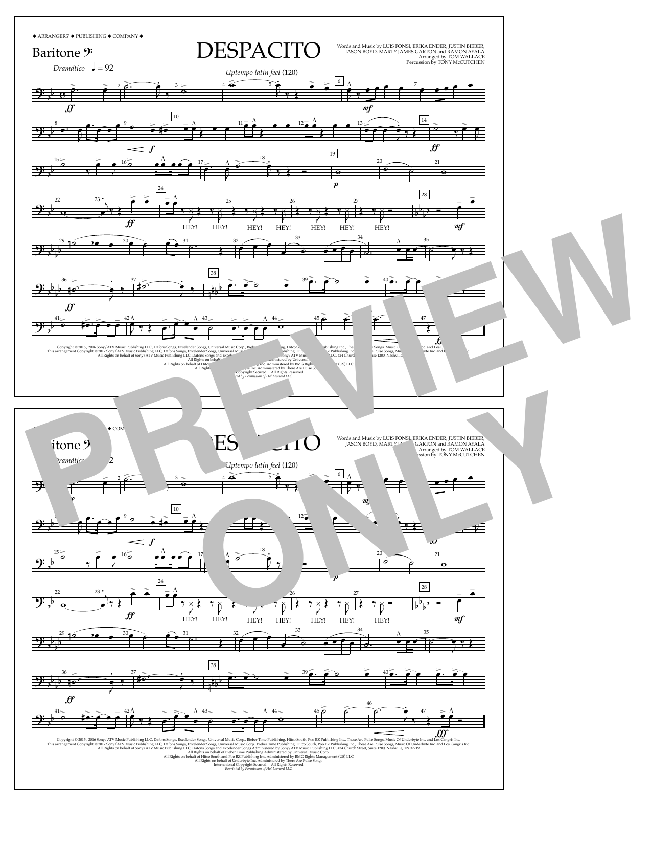 Luis Fonsi & Daddy Yankee feat. Justin Bieber Despacito (arr. Tom Wallace) - Baritone B.C. sheet music notes and chords arranged for Marching Band