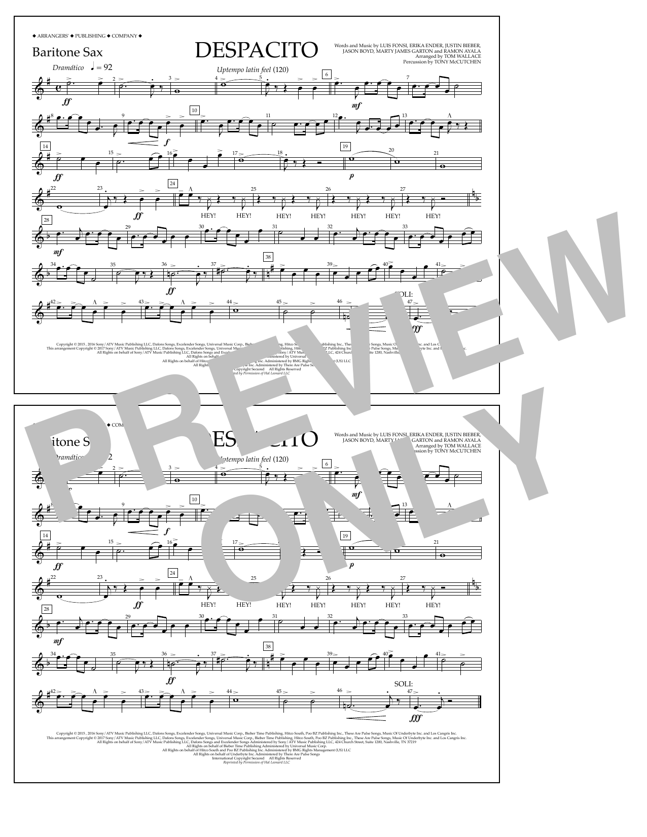 Luis Fonsi & Daddy Yankee feat. Justin Bieber Despacito (arr. Tom Wallace) - Baritone Sax sheet music notes and chords arranged for Marching Band