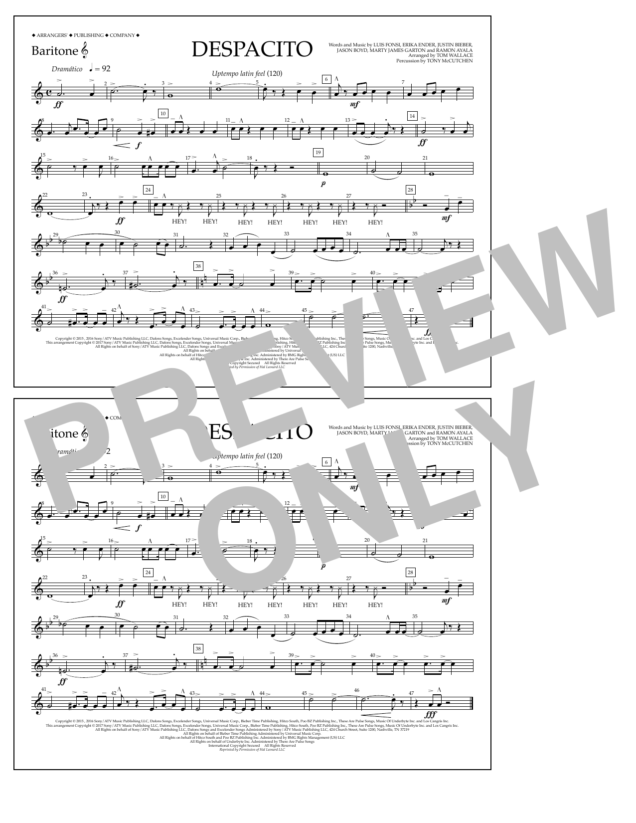Luis Fonsi & Daddy Yankee feat. Justin Bieber Despacito (arr. Tom Wallace) - Baritone T.C. sheet music notes and chords arranged for Marching Band