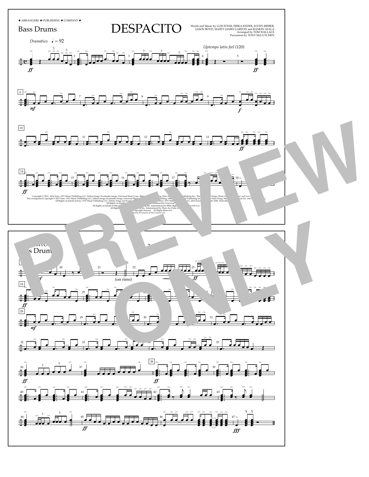 Luis Fonsi & Daddy Yankee feat. Justin Bieber Despacito (arr. Tom Wallace) - Bass Drums sheet music notes and chords arranged for Marching Band