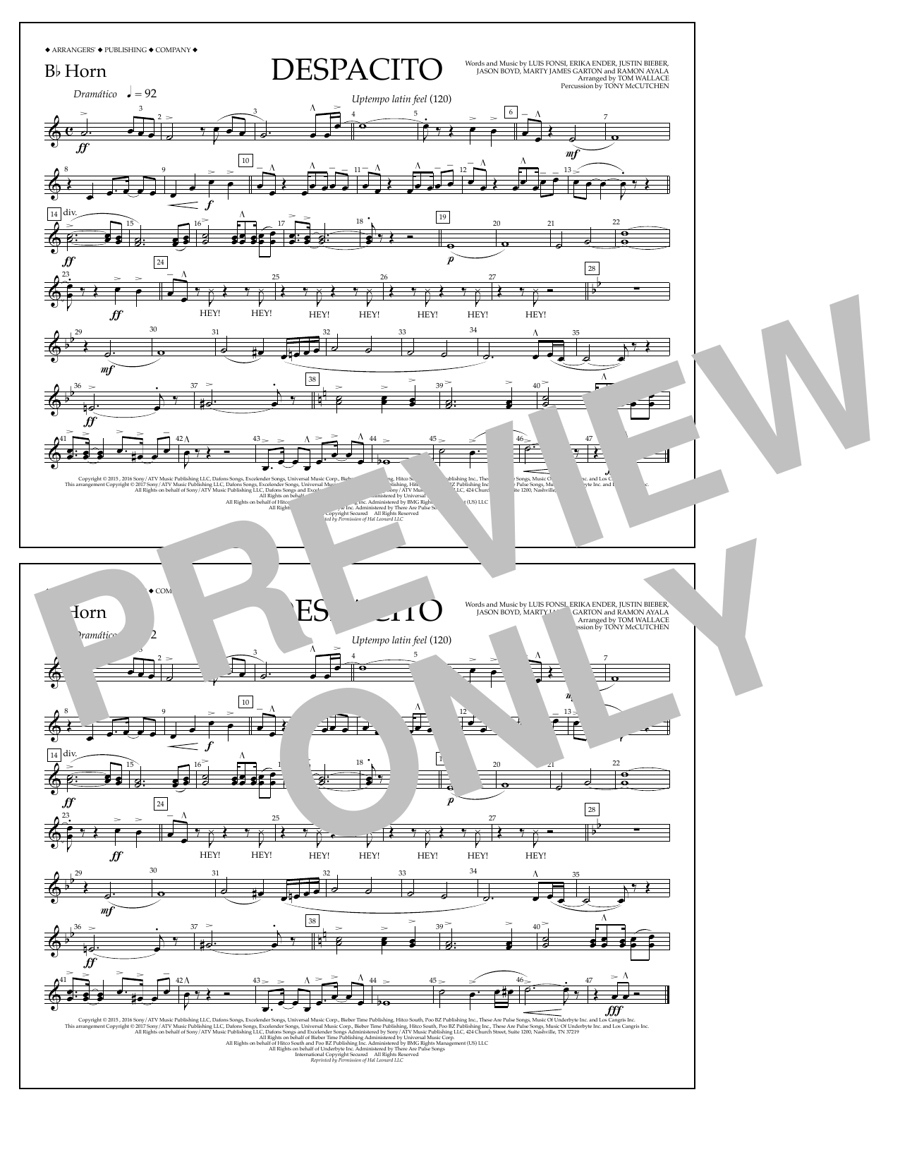 Luis Fonsi & Daddy Yankee feat. Justin Bieber Despacito (arr. Tom Wallace) - Bb Horn sheet music notes and chords arranged for Marching Band