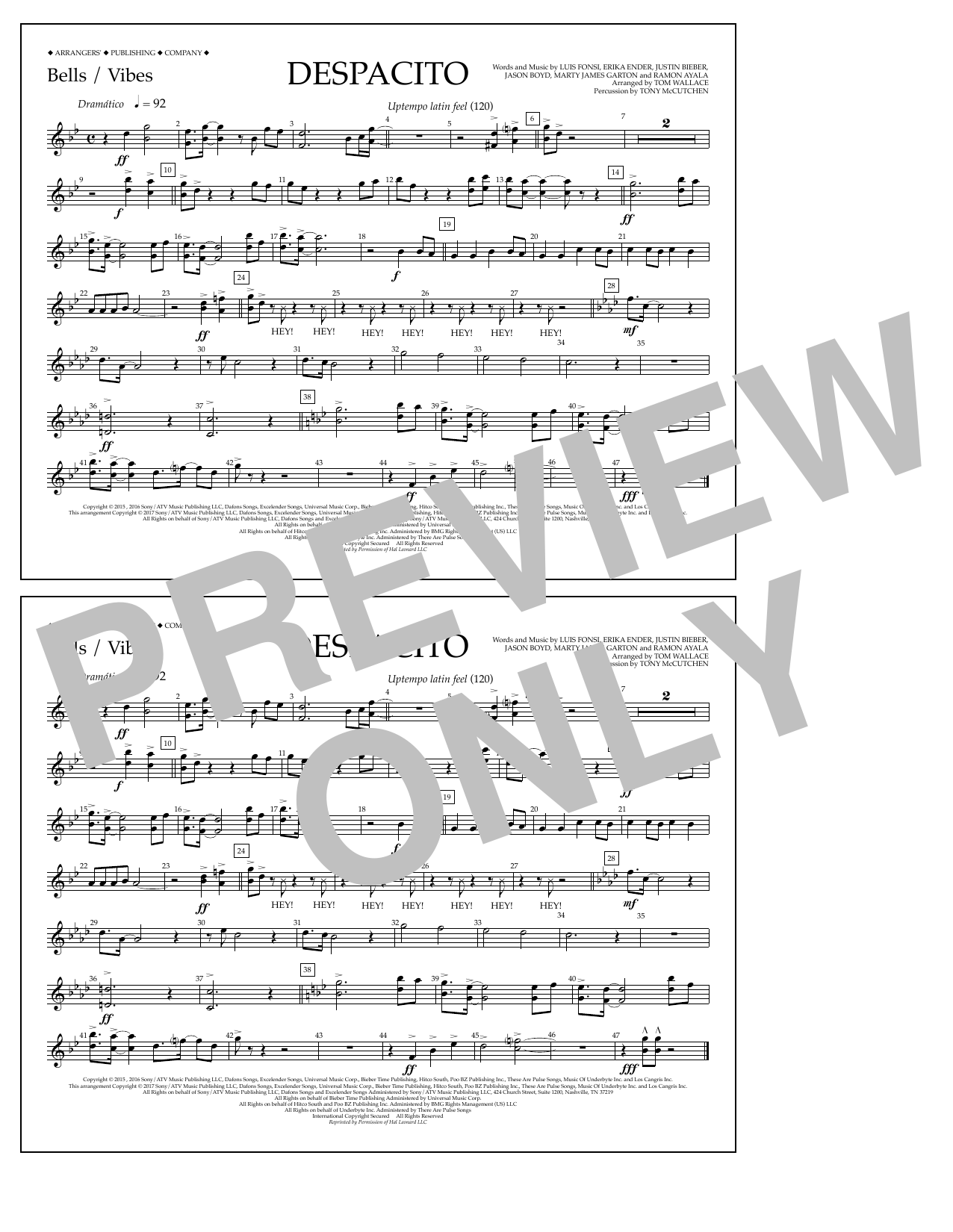 Luis Fonsi & Daddy Yankee feat. Justin Bieber Despacito (arr. Tom Wallace) - Bells/Vibes sheet music notes and chords arranged for Marching Band