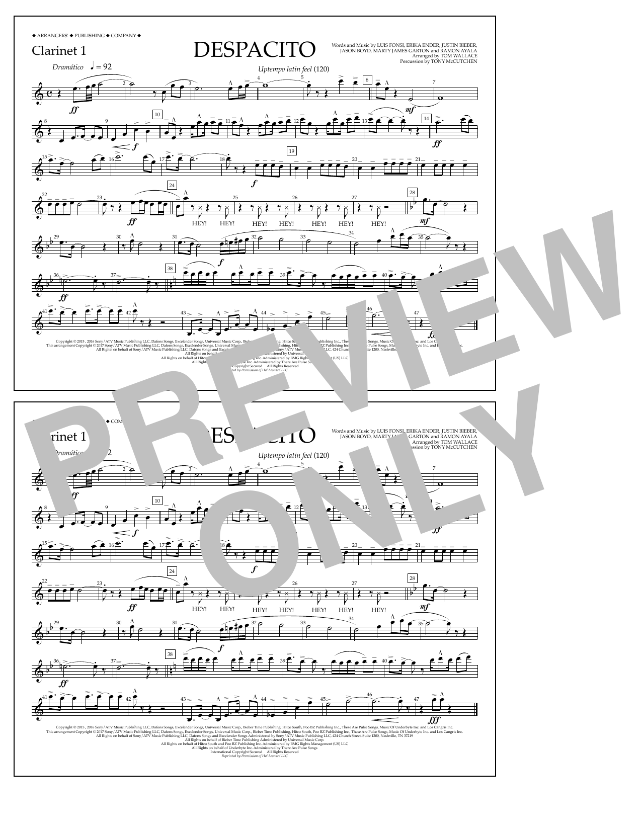Luis Fonsi & Daddy Yankee feat. Justin Bieber Despacito (arr. Tom Wallace) - Clarinet 1 sheet music notes and chords arranged for Marching Band