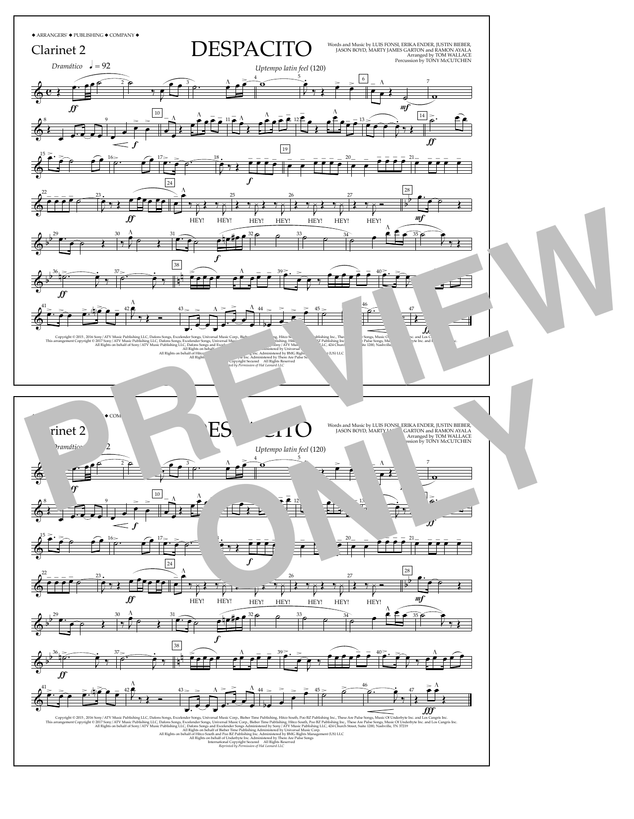 Luis Fonsi & Daddy Yankee feat. Justin Bieber Despacito (arr. Tom Wallace) - Clarinet 2 sheet music notes and chords arranged for Marching Band
