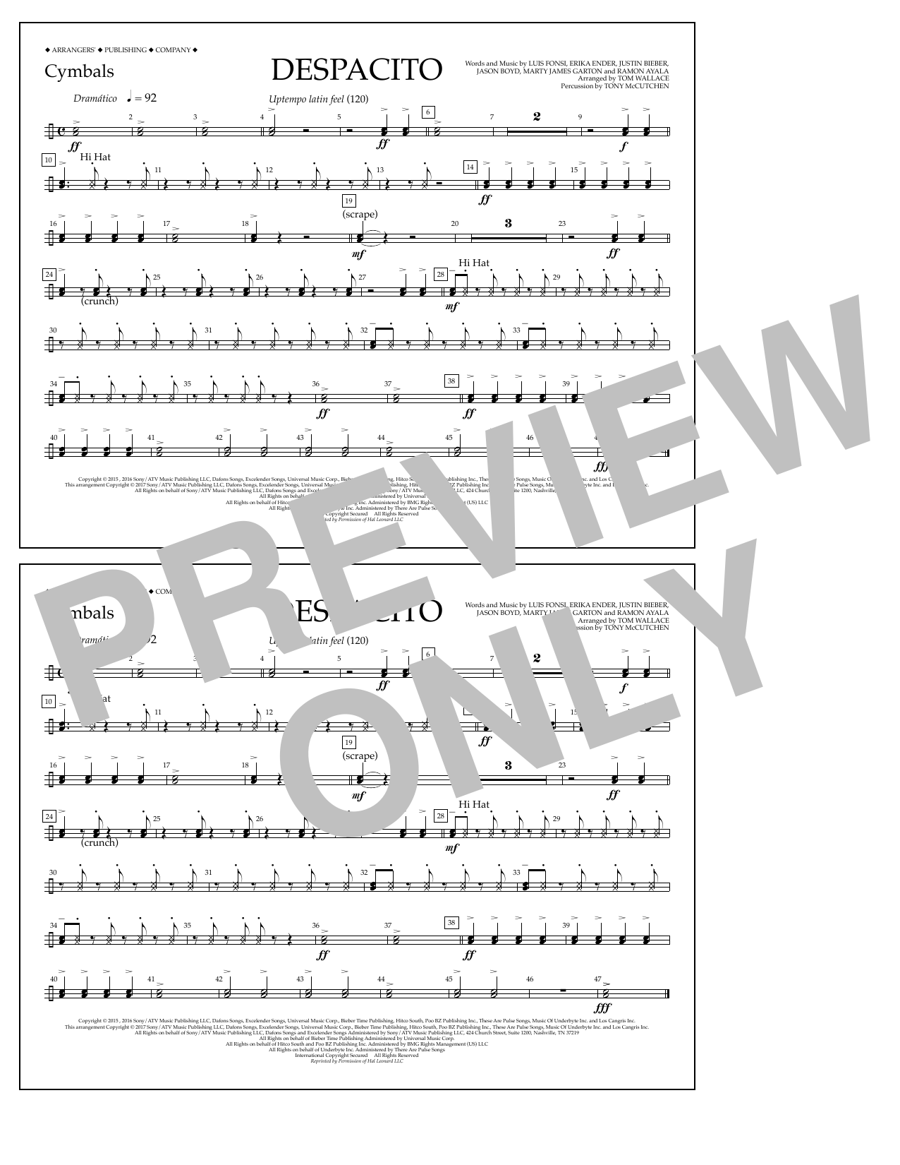 Luis Fonsi & Daddy Yankee feat. Justin Bieber Despacito (arr. Tom Wallace) - Cymbals sheet music notes and chords arranged for Marching Band