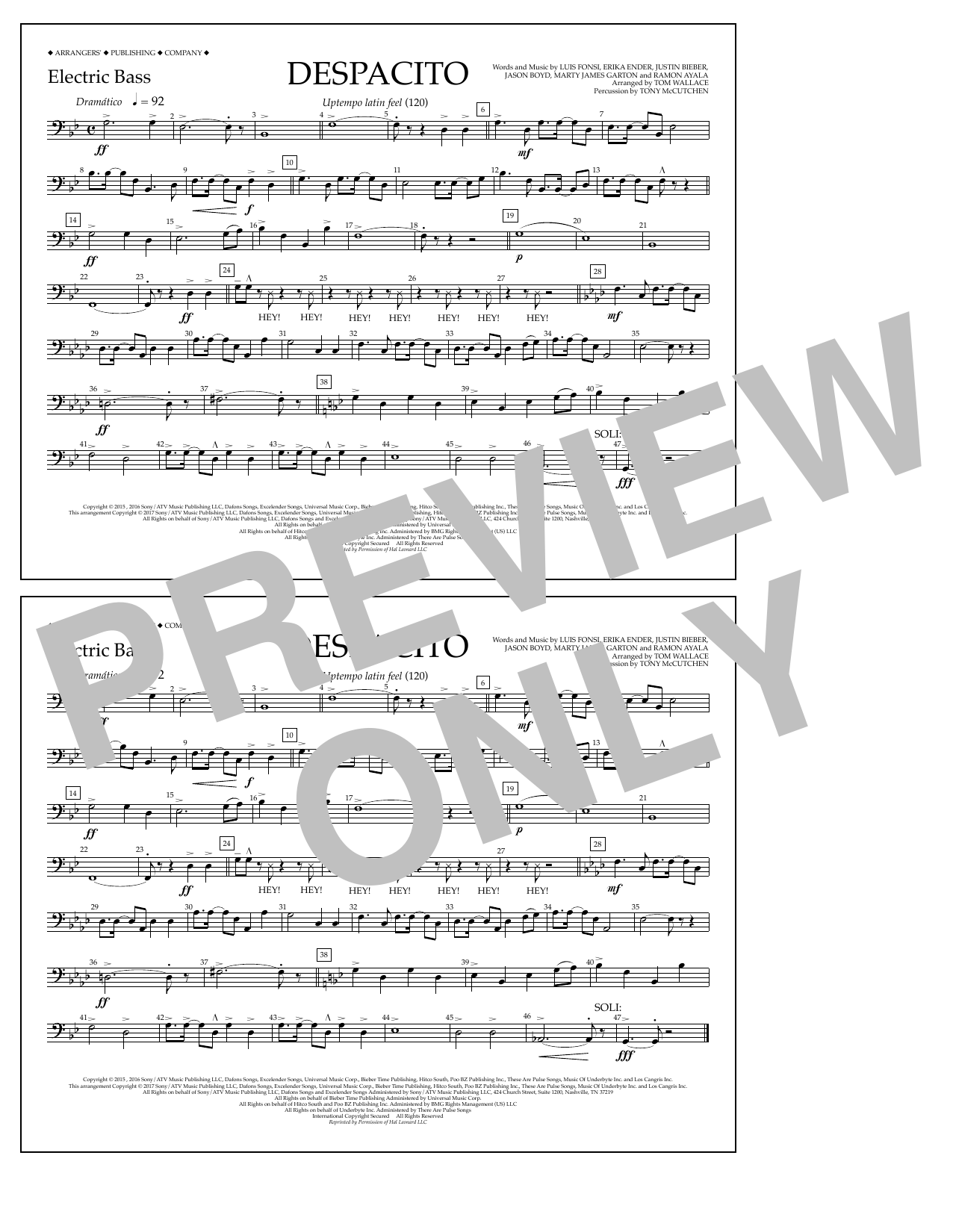 Luis Fonsi & Daddy Yankee feat. Justin Bieber Despacito (arr. Tom Wallace) - Electric Bass sheet music notes and chords arranged for Marching Band