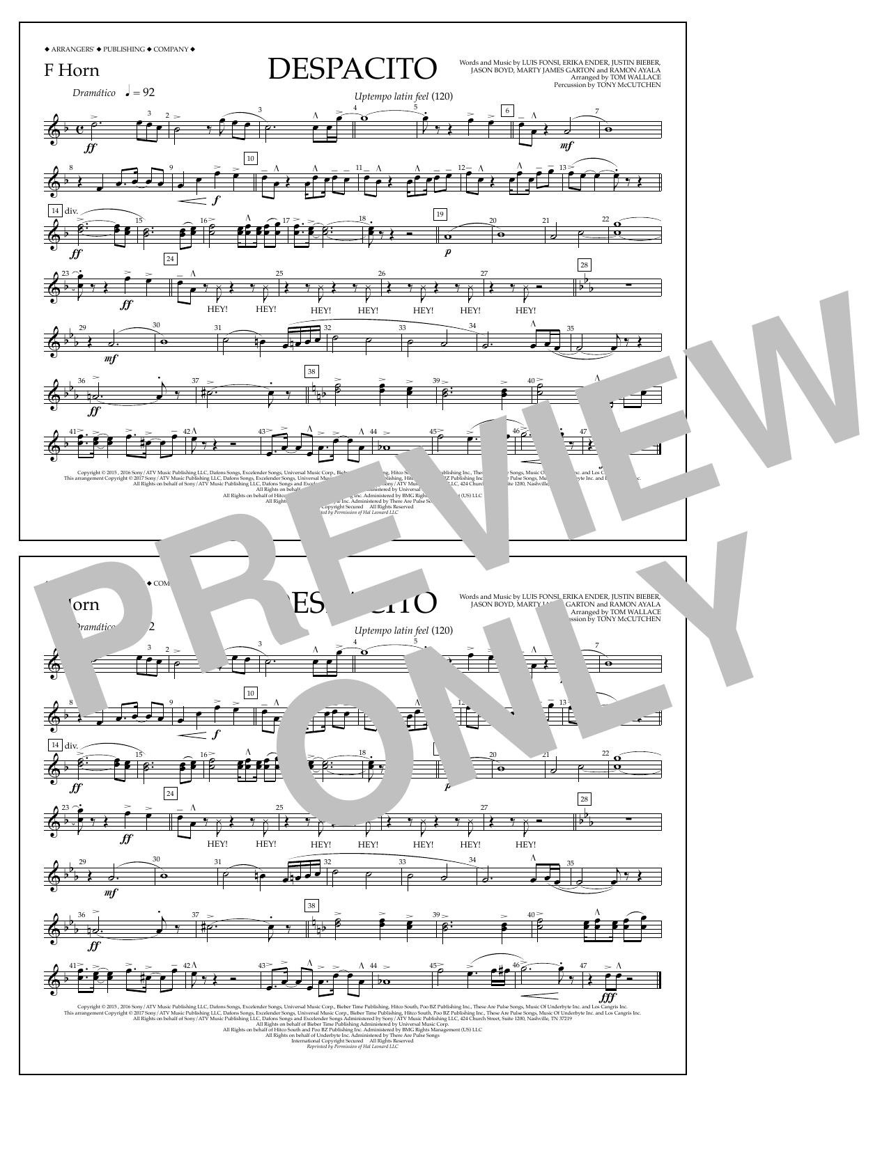 Luis Fonsi & Daddy Yankee feat. Justin Bieber Despacito (arr. Tom Wallace) - F Horn sheet music notes and chords arranged for Marching Band