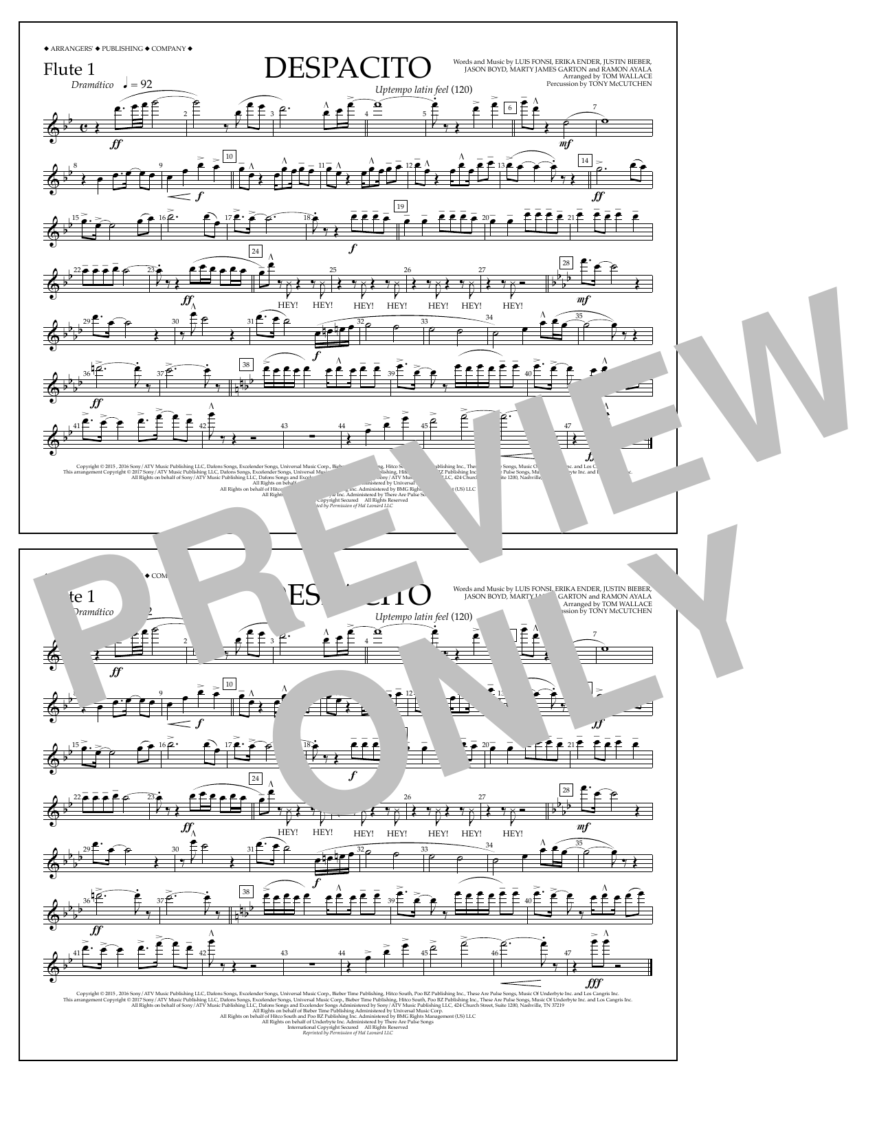 Luis Fonsi & Daddy Yankee feat. Justin Bieber Despacito (arr. Tom Wallace) - Flute 1 sheet music notes and chords arranged for Marching Band