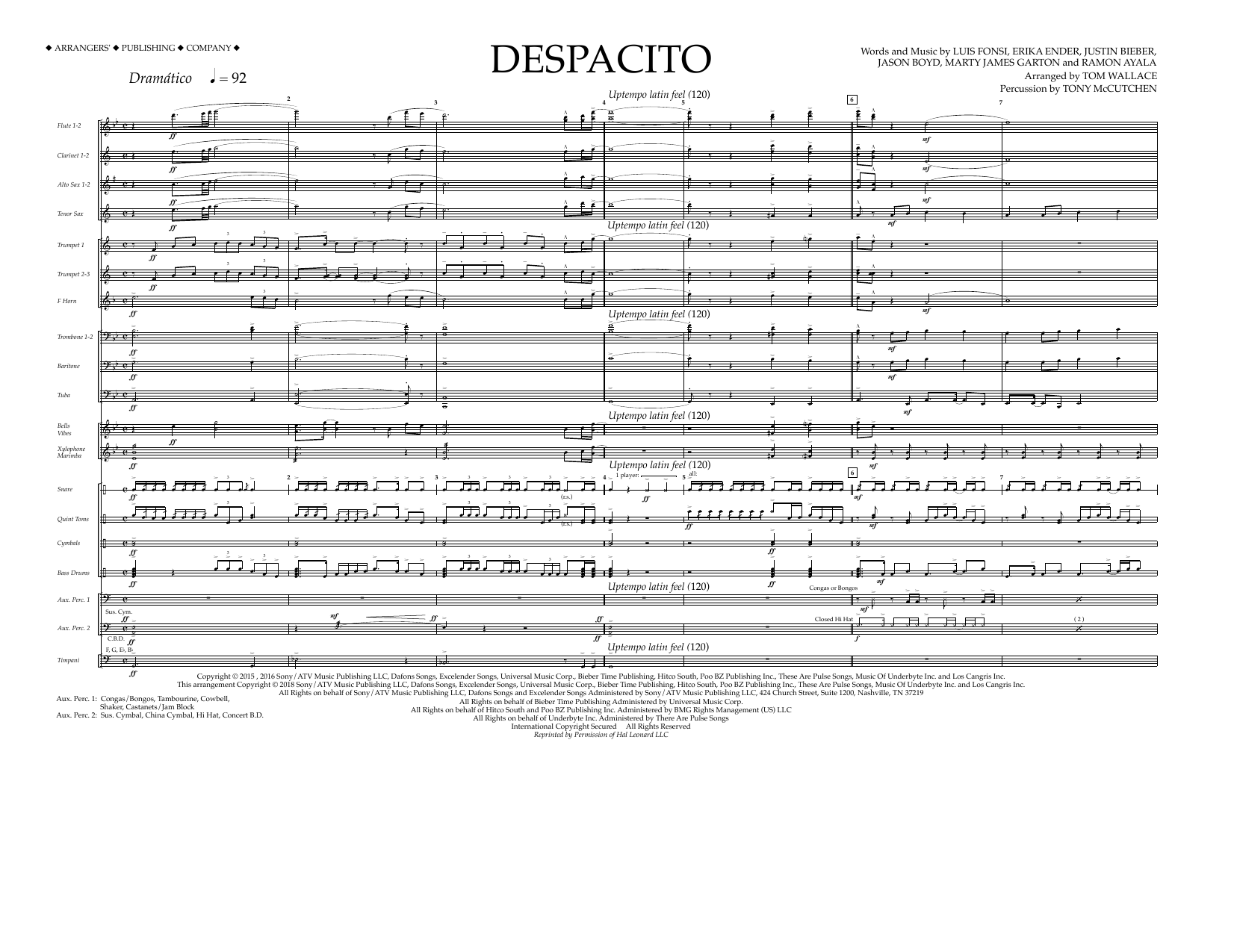 Luis Fonsi & Daddy Yankee feat. Justin Bieber Despacito (arr. Tom Wallace) - Full Score sheet music notes and chords arranged for Marching Band